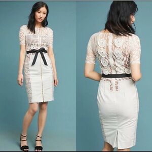 Anthropologie Elegant White Lace Dress with Black Belt